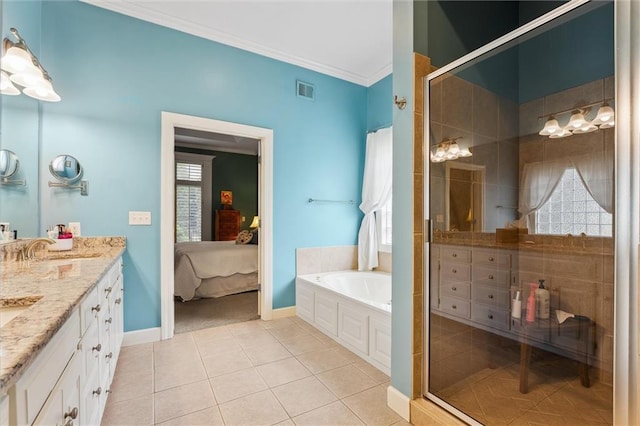 full bath featuring tile patterned flooring, a shower stall, connected bathroom, crown molding, and a garden tub