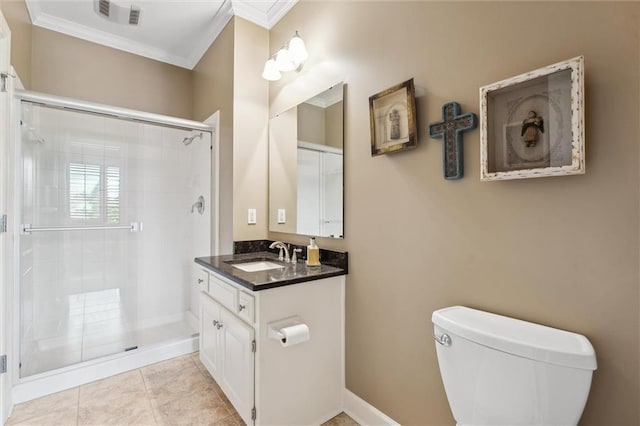 full bath with crown molding, a shower stall, toilet, vanity, and tile patterned flooring