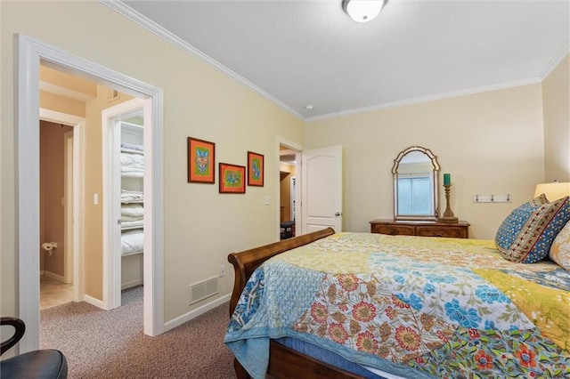 carpeted bedroom with crown molding and baseboards