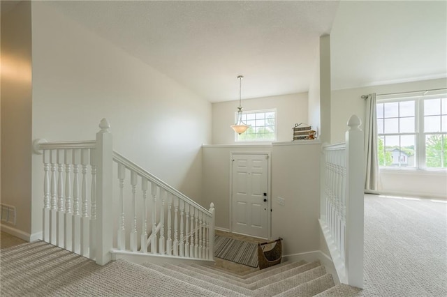 stairs featuring carpet flooring and baseboards