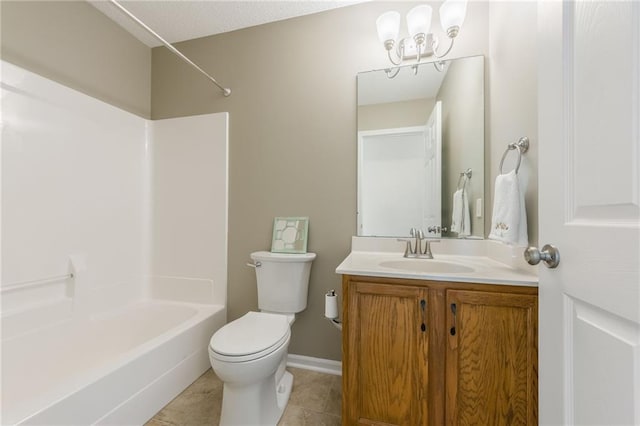 full bathroom with vanity, toilet, shower / bath combination, tile patterned floors, and a chandelier