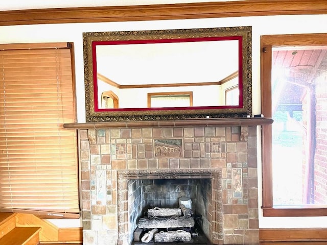 room details featuring a fireplace and crown molding