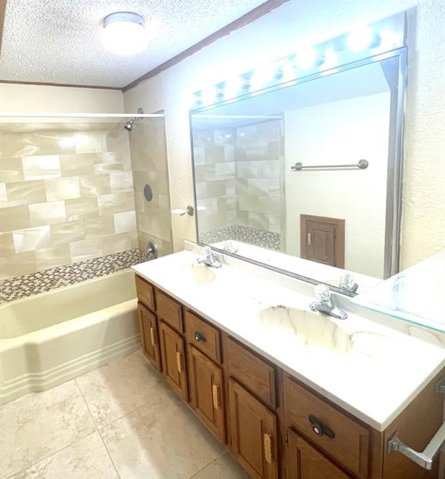 full bath featuring a textured ceiling, tile patterned flooring, double vanity, and  shower combination