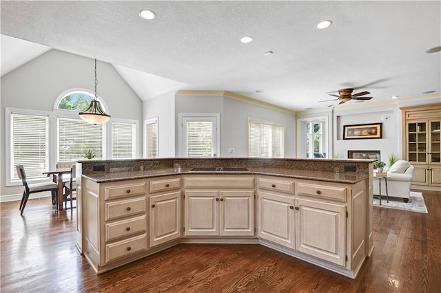 14575 Granada Cir, Leawood, KS 66224 - kitchen featuring light brown cabinets, ceiling fan, dark wood-type flooring, a glass covered fireplace, and recessed lighting