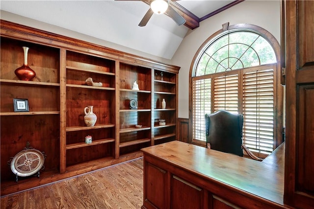 14575 Granada Cir, Leawood, KS 66224 - office with lofted ceiling, a ceiling fan, and wood finished floors