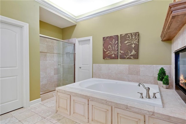 14575 Granada Cir, Leawood, KS 66224 - bathroom with tiled shower, a bath, and tile patterned flooring