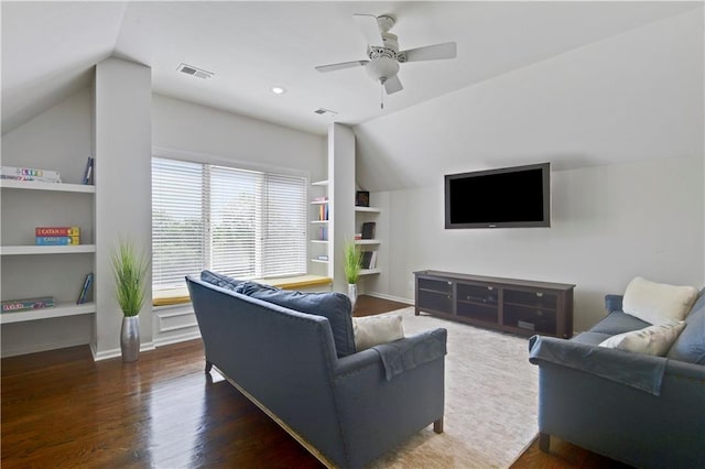 14575 Granada Cir, Leawood, KS 66224 - living area featuring lofted ceiling, built in features, wood finished floors, and ceiling fan