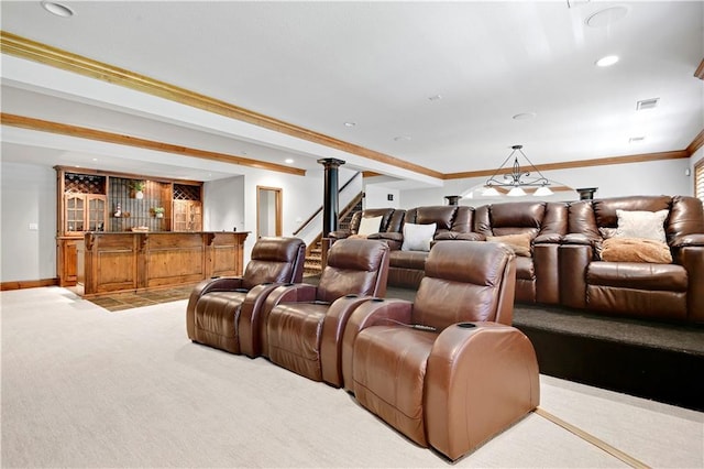 14575 Granada Cir, Leawood, KS 66224 - home theater room featuring bar area, light colored carpet, recessed lighting, and crown molding