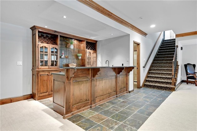 14575 Granada Cir, Leawood, KS 66224 - indoor wet bar with stairway, recessed lighting, and stone tile floors