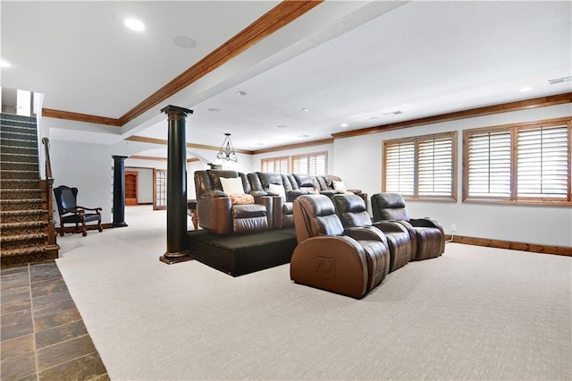 14575 Granada Cir, Leawood, KS 66224 - cinema featuring ornate columns, ornamental molding, recessed lighting, dark carpet, and dark stone finish floors