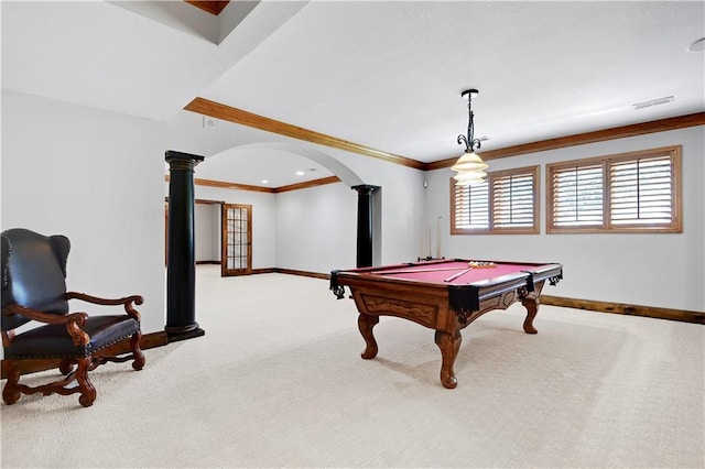 14575 Granada Cir, Leawood, KS 66224 - rec room featuring arched walkways, carpet floors, crown molding, billiards table, and decorative columns