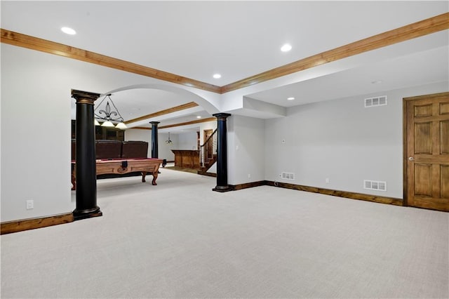 14575 Granada Cir, Leawood, KS 66224 - basement featuring carpet, billiards, recessed lighting, and ornamental molding