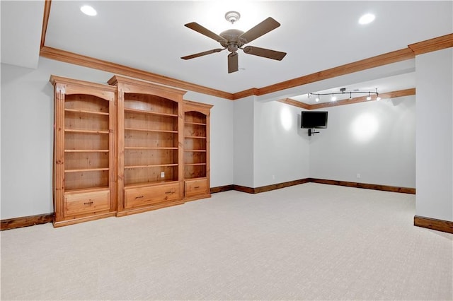 14575 Granada Cir, Leawood, KS 66224 - basement with ceiling fan, ornamental molding, carpet floors, and recessed lighting