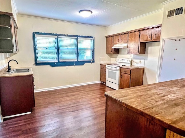 kitchen with brown cabinets, a sink, under cabinet range hood, visible vents, and white electric stove