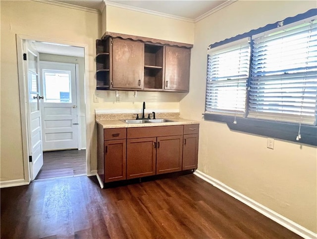kitchen featuring open shelves, a sink, ornamental molding, baseboards, and dark wood-style floors
