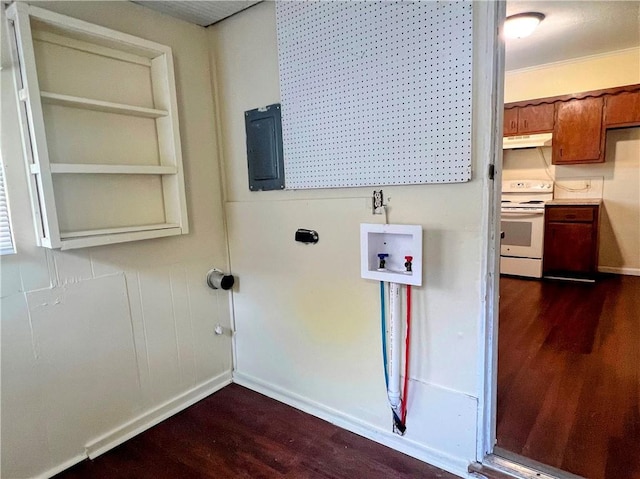 washroom featuring laundry area, dark wood finished floors, baseboards, and washer hookup