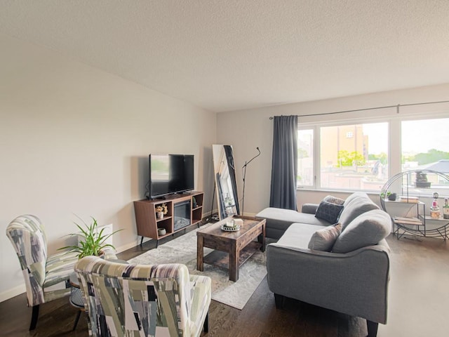 living area featuring a textured ceiling and dark wood-style floors