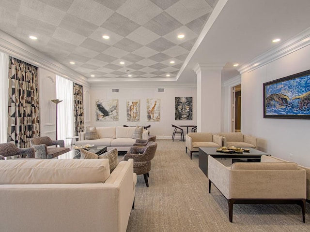 living room featuring light carpet, crown molding, and ornate columns