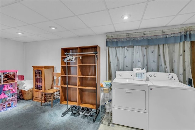 washroom with washer and clothes dryer, carpet flooring, and recessed lighting