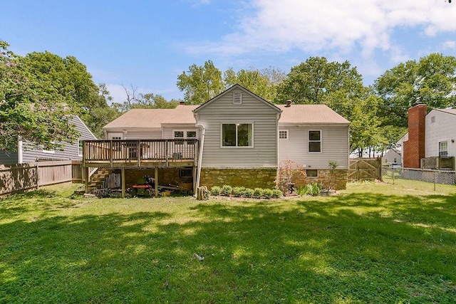6138 Hadley St, Merriam, KS 66202 - back of house with stairway, a wooden deck, and stone siding
