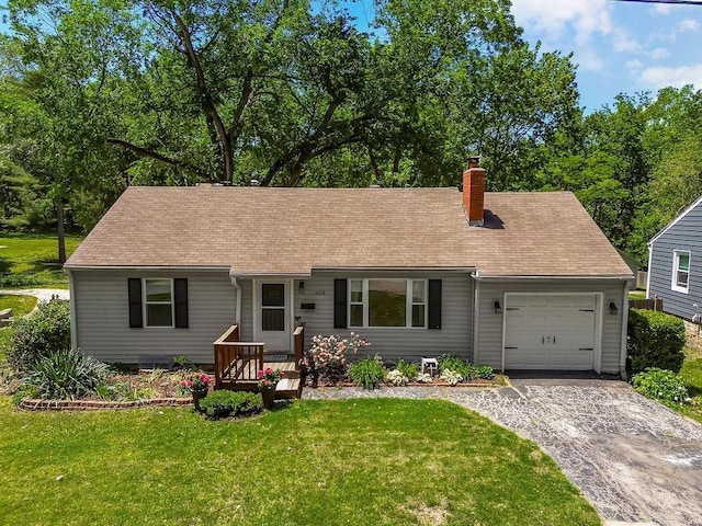 6138 Hadley St, Merriam, KS 66202 - cape cod-style house with a garage, a chimney, dirt driveway, a front lawn, and roof with shingles
