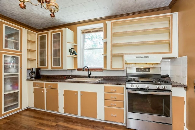 2312 Maple Ave, Leavenworth, KS 66048 - kitchen with stainless steel range with gas stovetop, a sink, under cabinet range hood, open shelves, and crown molding