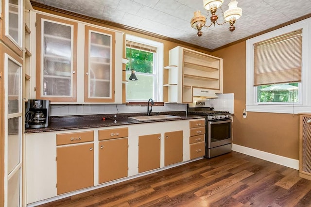 2312 Maple Ave, Leavenworth, KS 66048 - kitchen featuring stainless steel range with gas cooktop, a sink, a chandelier, ornamental molding, and dark countertops