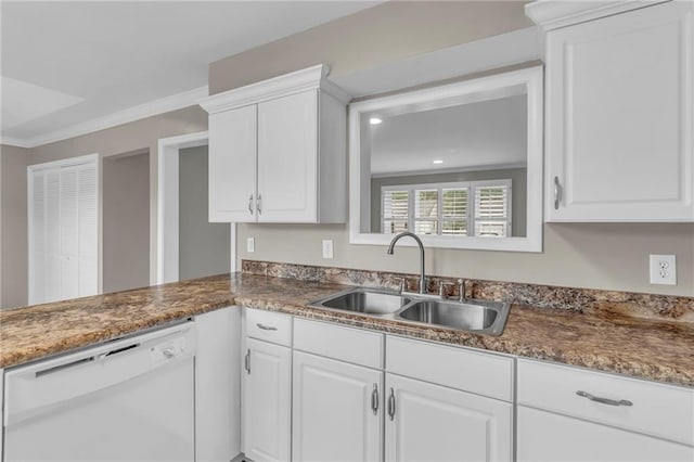 kitchen featuring crown molding, a sink, white cabinetry, and dishwasher