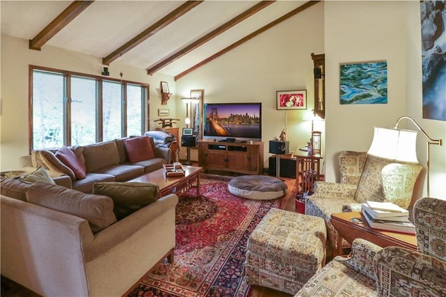 12 Woodland Trl, Warrensburg, MO 64093 - living area featuring beam ceiling, wood finished floors, and high vaulted ceiling
