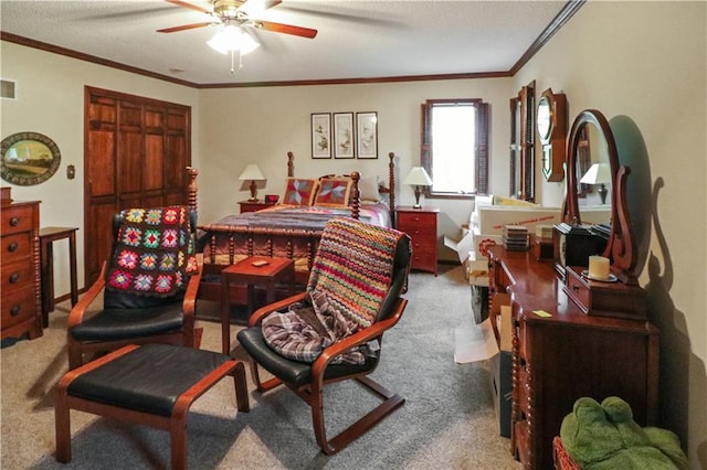 12 Woodland Trl, Warrensburg, MO 64093 - carpeted bedroom with crown molding, a textured ceiling, and a ceiling fan