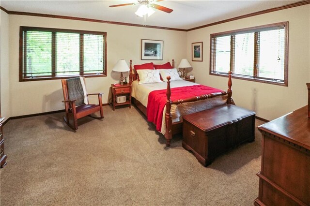 12 Woodland Trl, Warrensburg, MO 64093 - bedroom featuring ornamental molding, multiple windows, light colored carpet, baseboards, and ceiling fan