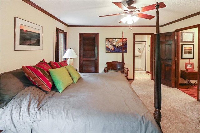12 Woodland Trl, Warrensburg, MO 64093 - bedroom featuring light carpet, crown molding, ceiling fan, and connected bathroom