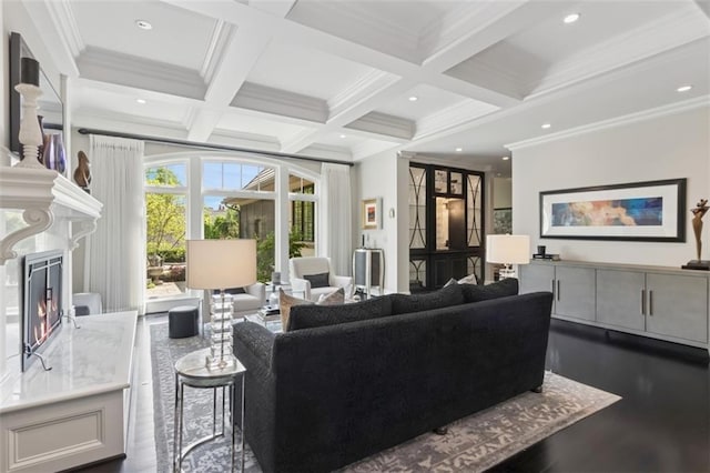 1901 Stratford Rd, Mission Hills, KS 66208 - living area with a fireplace, beamed ceiling, ornamental molding, coffered ceiling, and dark wood finished floors