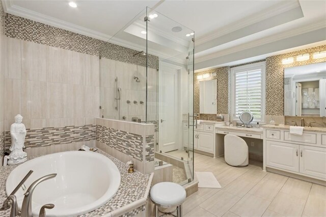 1901 Stratford Rd, Mission Hills, KS 66208 - full bath featuring a shower stall, crown molding, a bath, vanity, and tile patterned floors