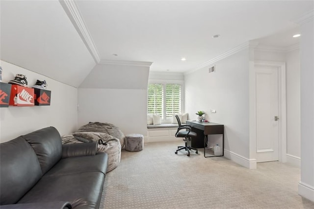 1901 Stratford Rd, Mission Hills, KS 66208 - home office featuring ornamental molding, light colored carpet, recessed lighting, and baseboards