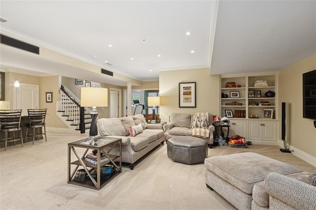 1901 Stratford Rd, Mission Hills, KS 66208 - carpeted living room with stairs, baseboards, ornamental molding, recessed lighting, and built in features