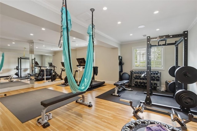 1901 Stratford Rd, Mission Hills, KS 66208 - exercise area with ornamental molding, wood finished floors, recessed lighting, and baseboards