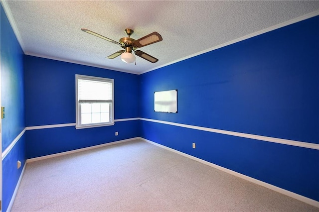 12012 Ensley Ln, Leawood, KS 66209 - carpeted spare room featuring a textured ceiling, ornamental molding, ceiling fan, and baseboards