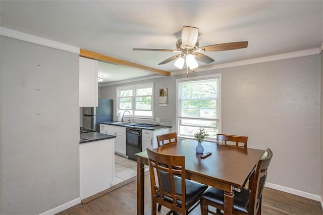 dining area featuring a ceiling fan, light wood-type flooring, and crown molding