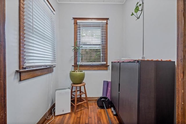 interior space with wood-type flooring and baseboards