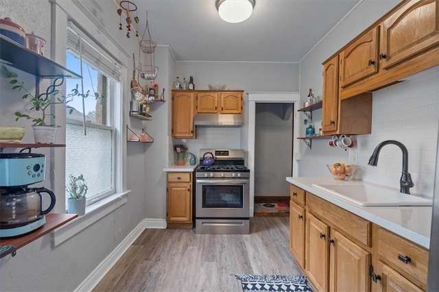 kitchen with gas range, open shelves, a sink, under cabinet range hood, and tasteful backsplash