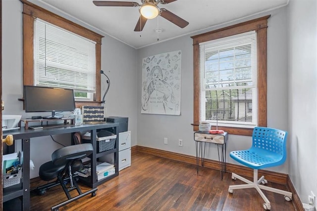 office area featuring hardwood / wood-style flooring, baseboards, ceiling fan, and crown molding