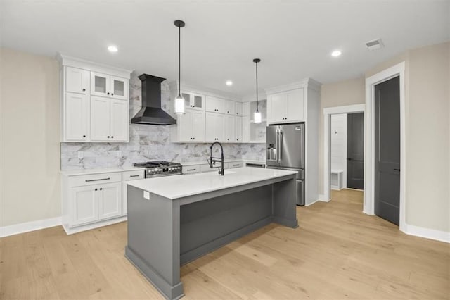 2608 NE Amanda Ln, Blue Springs, MO 64029 - kitchen featuring wall chimney range hood, appliances with stainless steel finishes, light countertops, white cabinetry, and backsplash