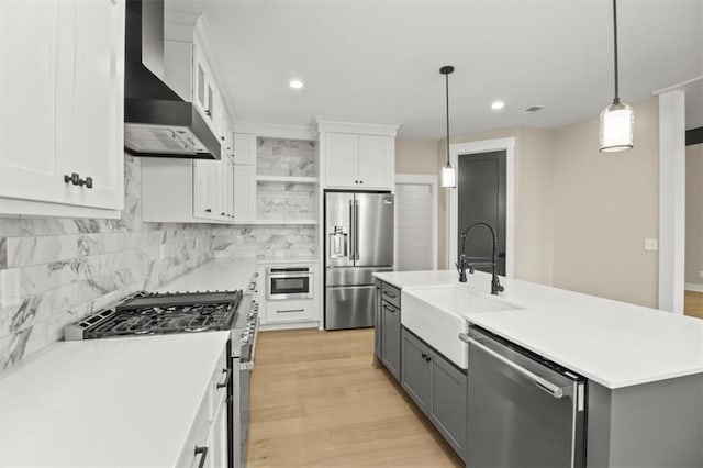 2608 NE Amanda Ln, Blue Springs, MO 64029 - kitchen with appliances with stainless steel finishes, wall chimney range hood, open shelves, white cabinets, and tasteful backsplash