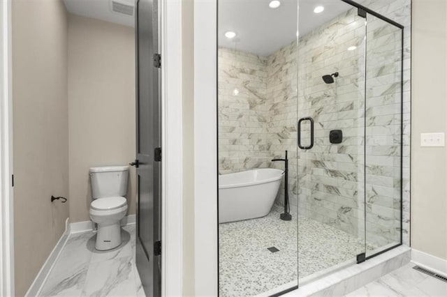 2608 NE Amanda Ln, Blue Springs, MO 64029 - bathroom featuring marble look tile flooring, a freestanding bath, a shower stall, and recessed lighting
