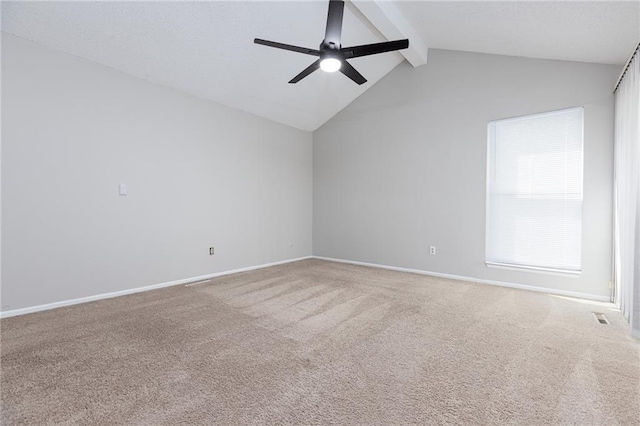 carpeted empty room with a ceiling fan and baseboards