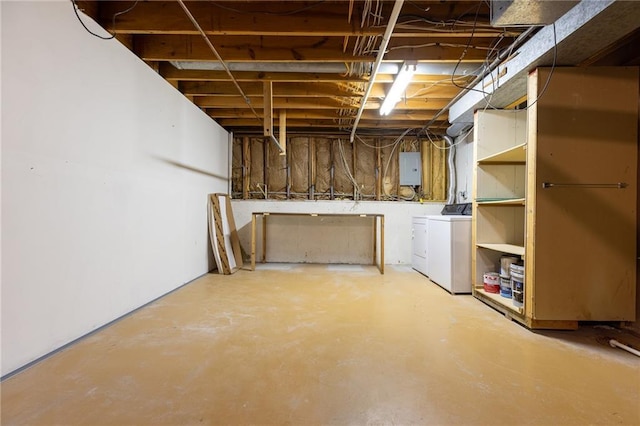 unfinished basement featuring washing machine and dryer and electric panel