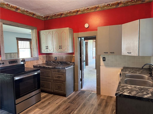 318 S Williams St, Craig, MO 64437 - kitchen with stainless steel range with electric cooktop, dark countertops, a sink, a textured ceiling, and dark wood finished floors