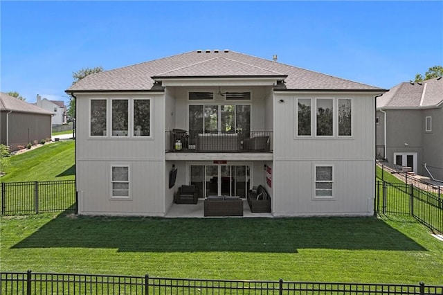 back of property with an outdoor hangout area, a patio, a balcony, and roof with shingles