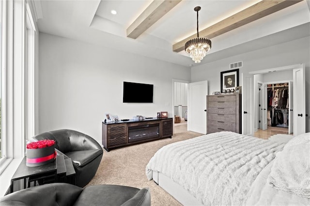 bedroom featuring a chandelier, light carpet, beam ceiling, and recessed lighting